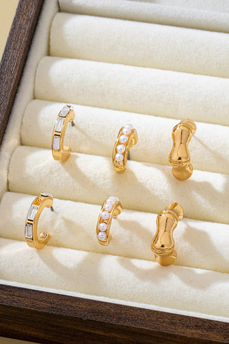 Pearl Rhinestone Multi Hoop Trio Earrings