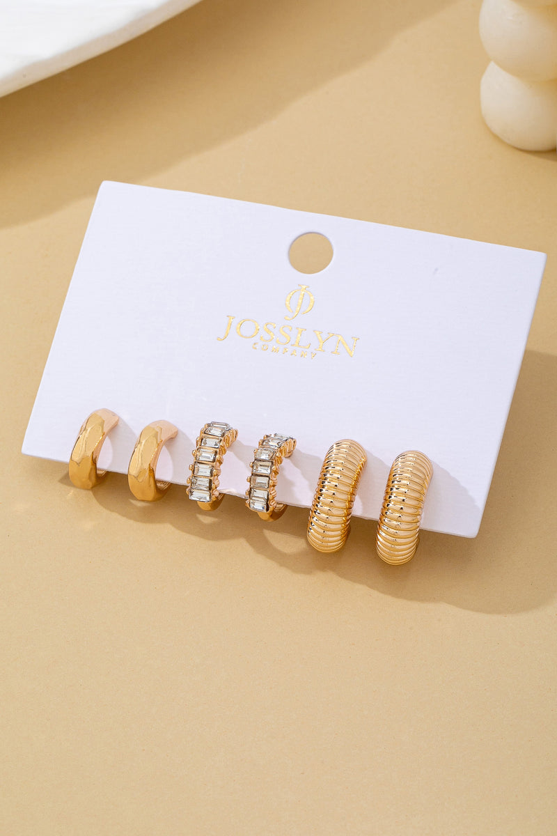 Rhinestone Textured Hoop Earring Set