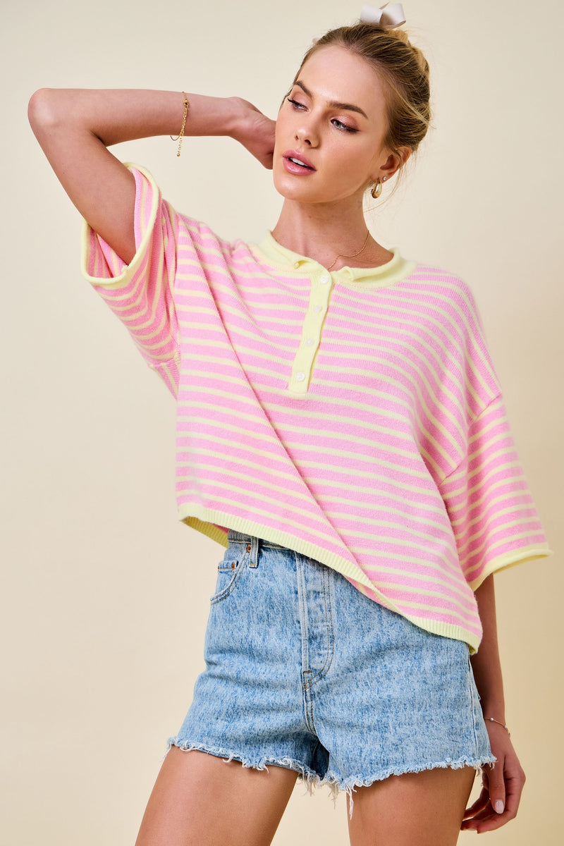Striped Short Sleeve Henley Knit Top With Dropped Shoulders