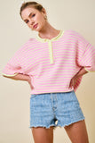 Striped Short Sleeve Henley Knit Top With Dropped Shoulders