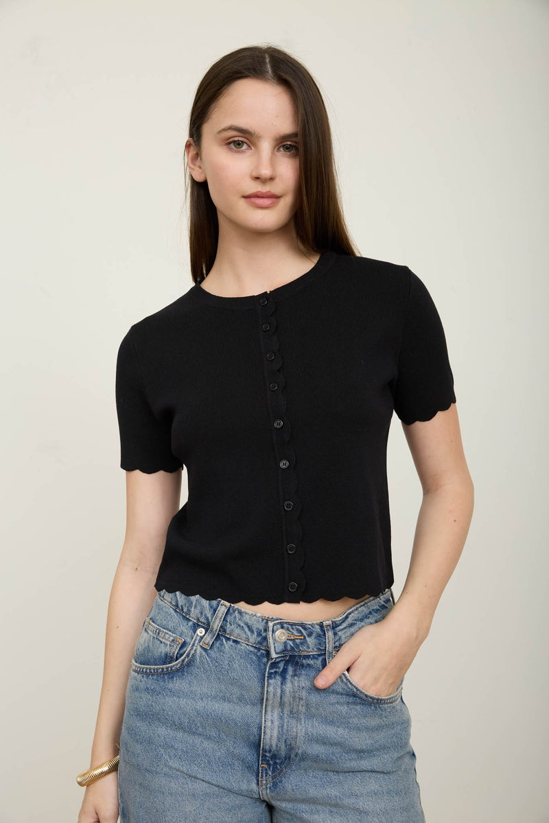 Scalloped Button Top Black