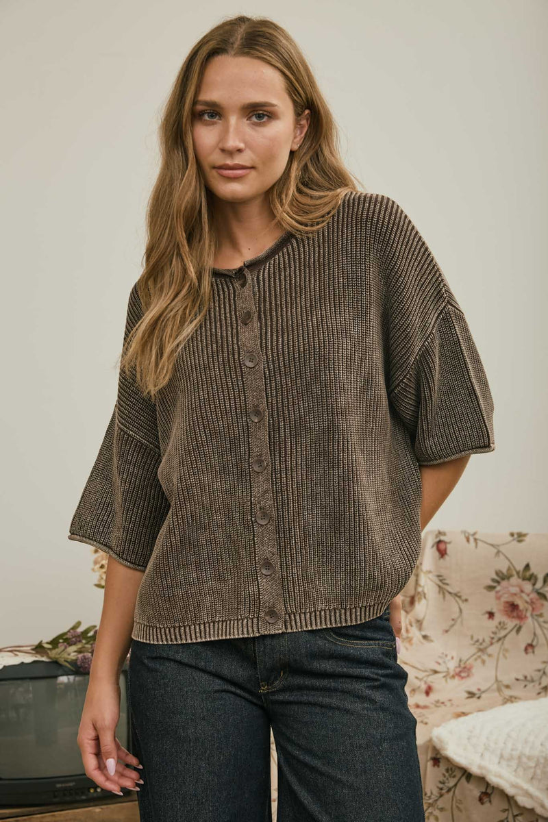 Washed Ribbed Rolled Cardigan