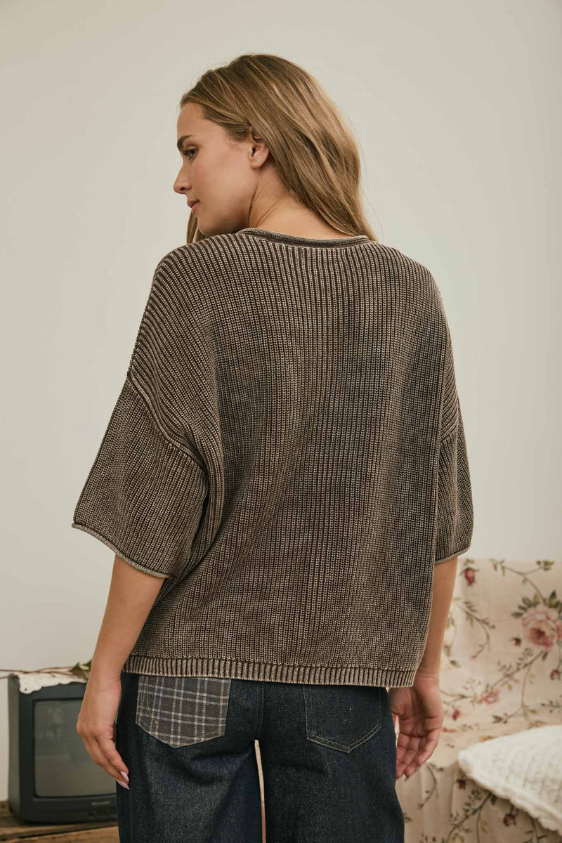 Washed Ribbed Rolled Cardigan