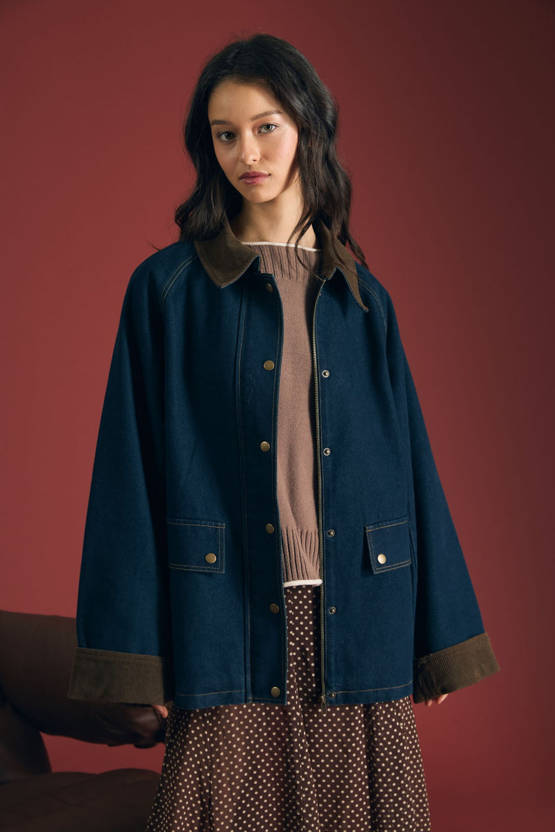 Corduroy Collar Button Denim Jacket