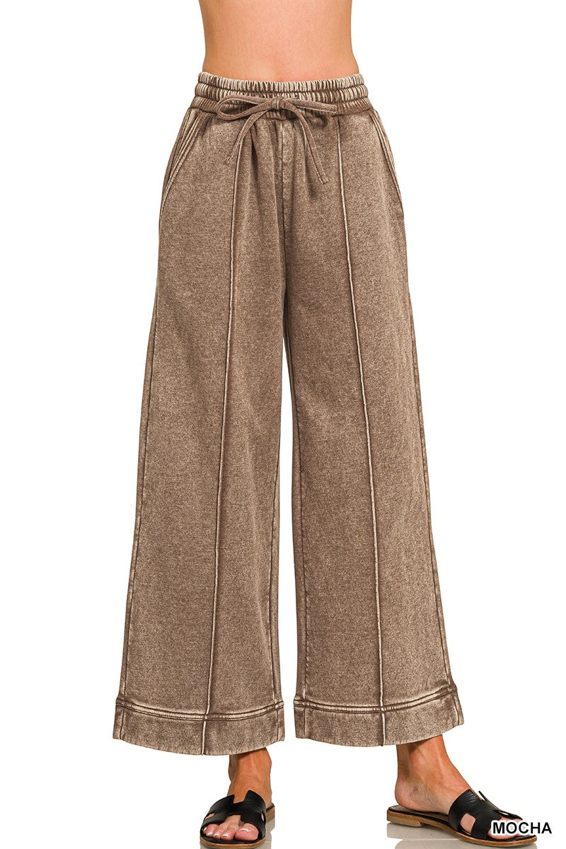 Acid Washed Fleece Cropped Pants Mocha