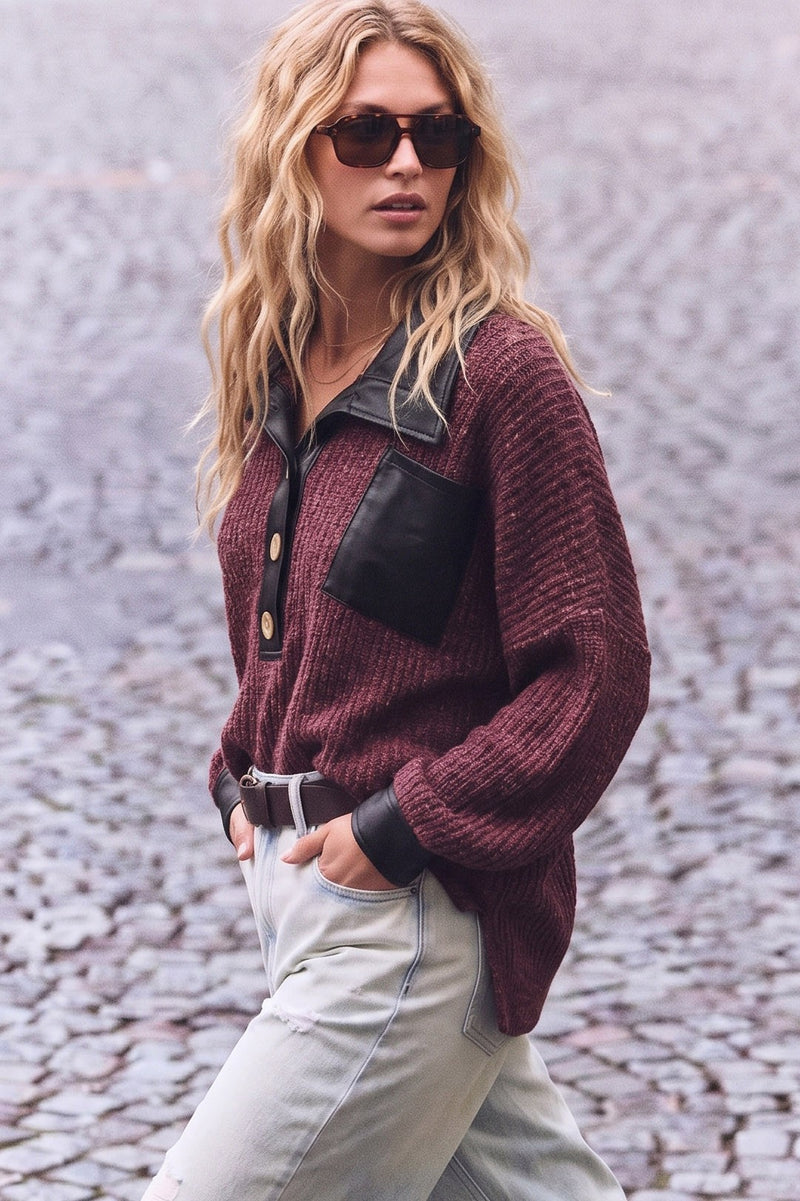 Faux Leather Button Down Sweater Top