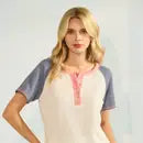 Plus Color Block Button Front Top Denim