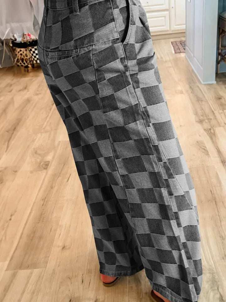 Solid Color Checkered Denim Wide Leg Jeans