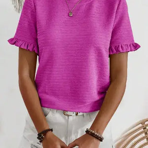 Ruffled Sleeve Textured Top Rose Red