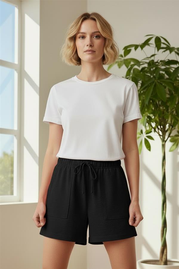 ELASTIC DRAWSTRING WAIST, PATCH POCKETS Black