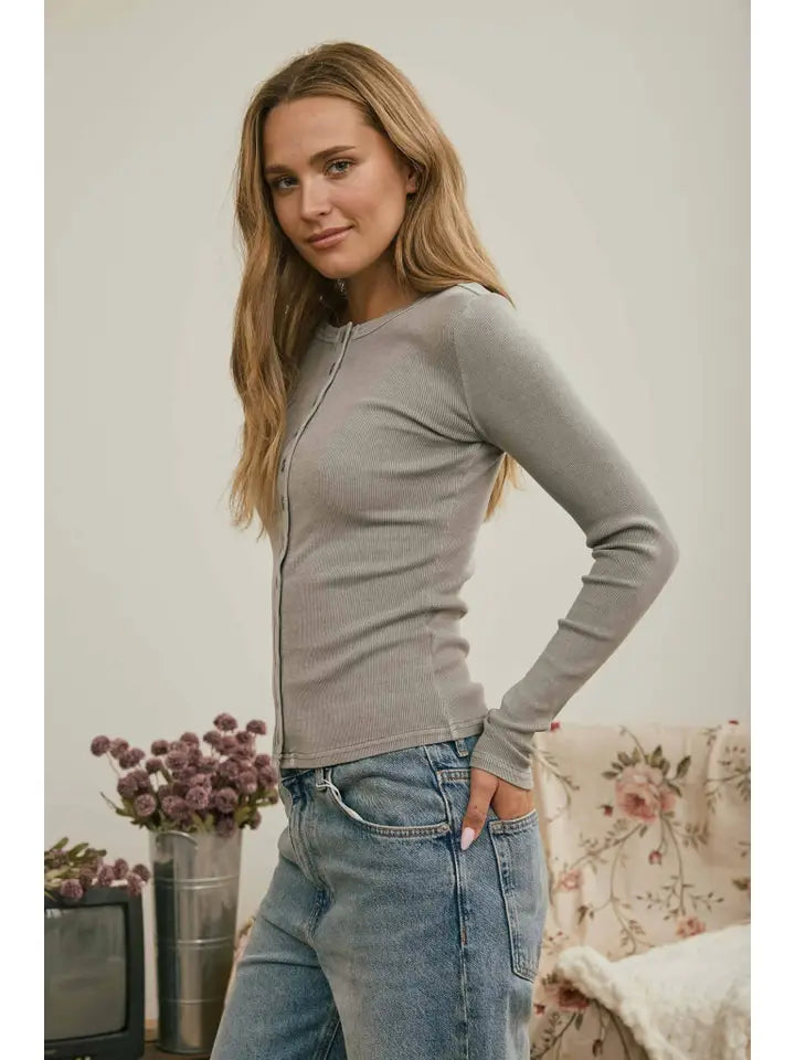 Button Front Long Sleeve Knit Top Grey