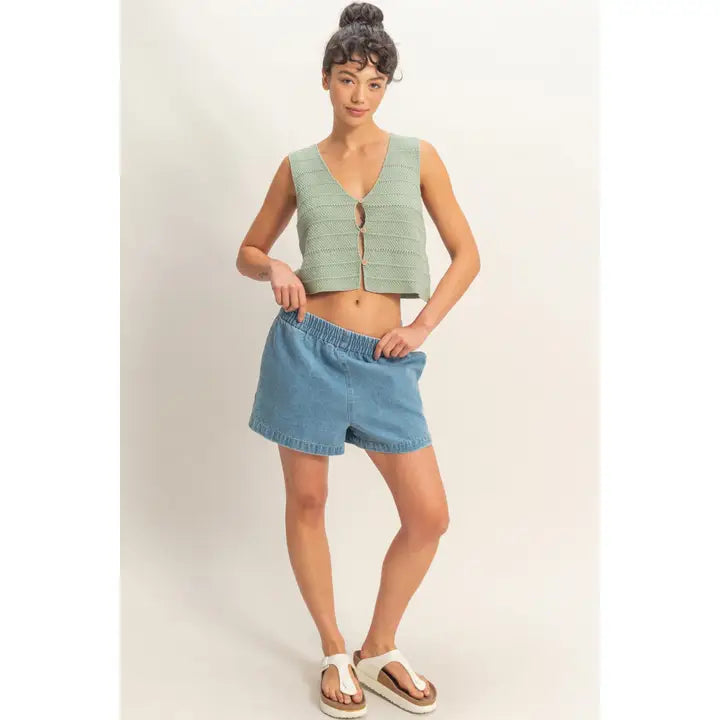 Elastic Waist Mineral Wash Denim Shorts