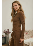 Fitted Ribbed Henley Knit Top Brown