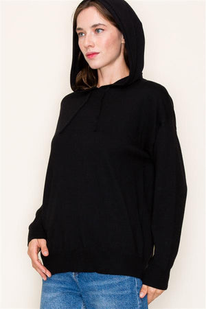 Drawstring Neck Black Long Sleeve Sweater