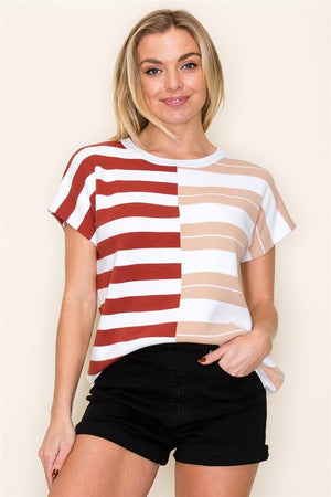 Crew Neck Short Sleeve Blocked Sweater