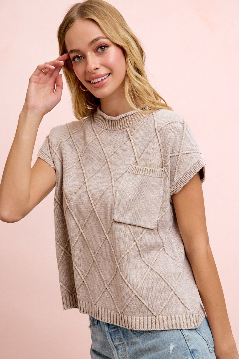 Diamond Washed Knit Pocket Top Taupe