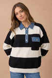 Striped Denim Collar Sweater Top