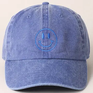 Happy Face Embroidered Cotton Cap Royal Blue