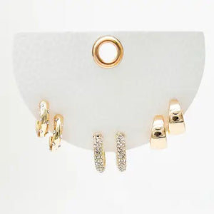 Set of Three Gold Rhinestone and Huggie Hoop, .5", 1.25" Earrings