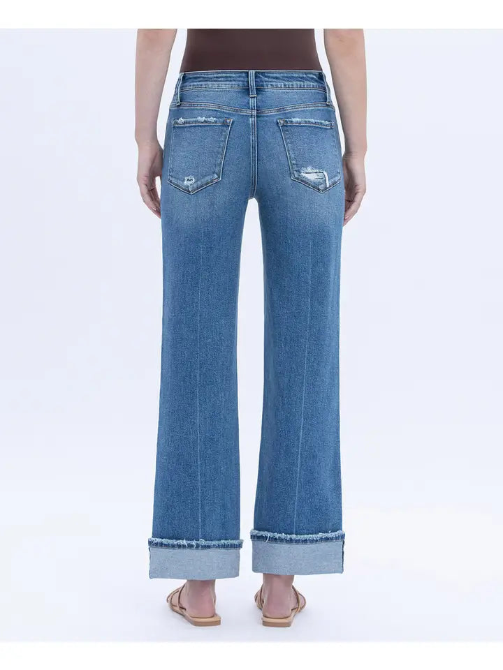 Mid Rise Cuffed Ankle Slim Wide Jeans