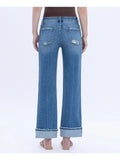 Mid Rise Cuffed Ankle Slim Wide Jeans