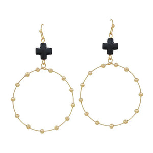 Black Cross Shape w/Gold Beaded Earring