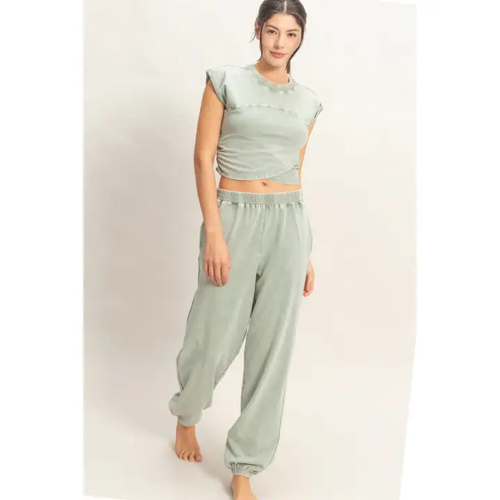 Rolled Sleeve  Top and Jogger Set
