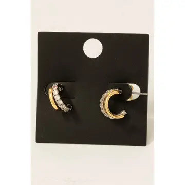 Gold Dipped Solid and Cz Pave Layered Hoop Earrings