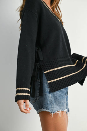 Black V Neck Tide Side Sweater