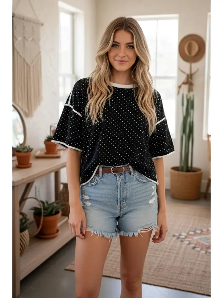 Polka Dot Contrast Trim Top