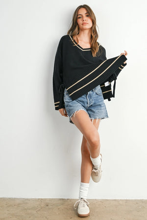 Black V Neck Tide Side Sweater