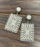 2.3" Long, Concho, White Turquoise Post Earrings