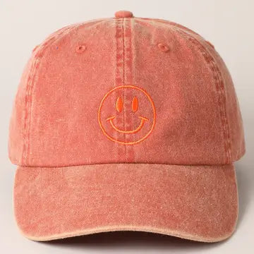 Happy Face Embroidered Cotton Cap Orange