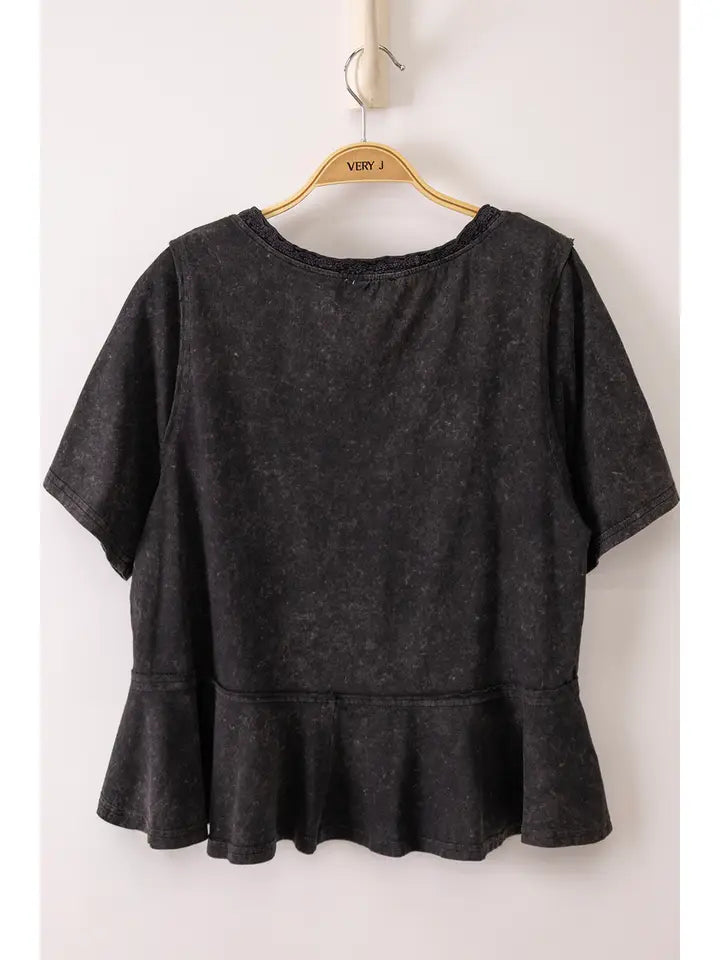 Lace Trim Detail Mineral Washed V-Neck Knit Top