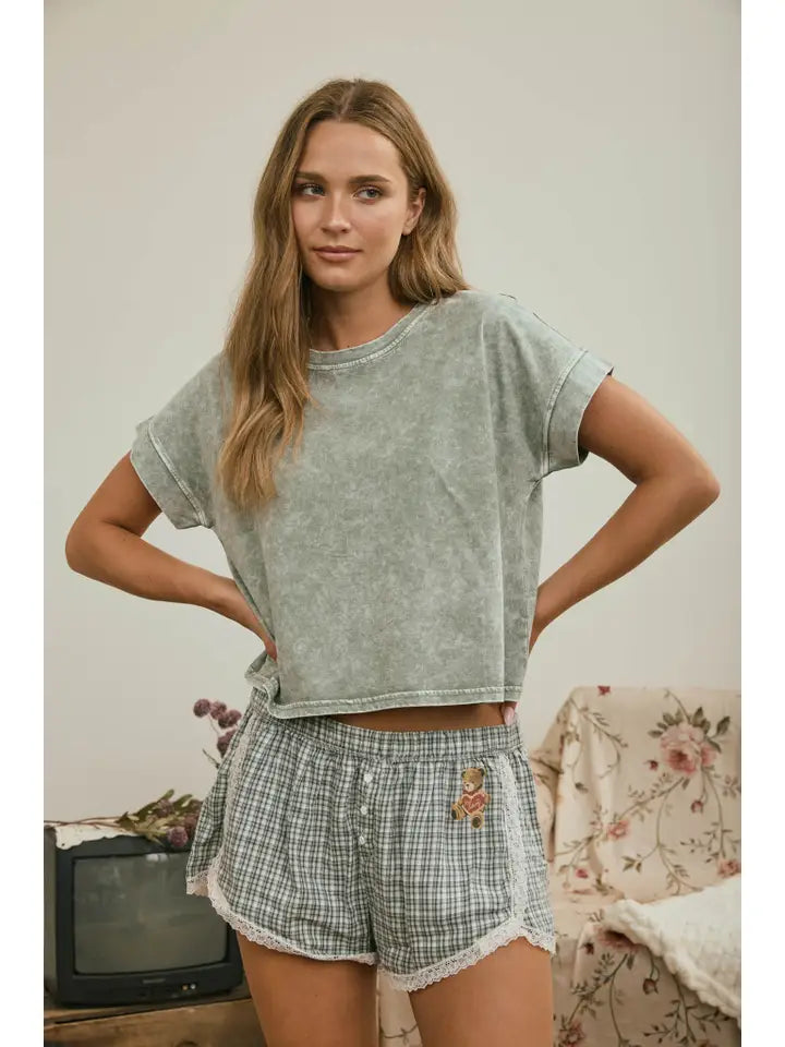 Washed Short Sleeve Knit Top Olive