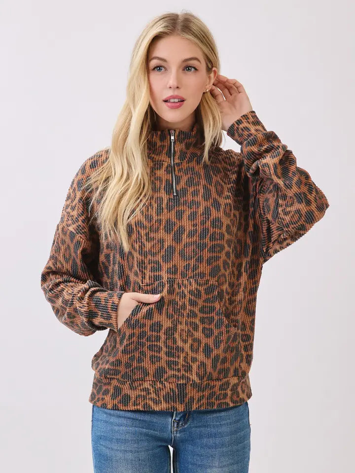 Leopard Ribbed Zip Pullover