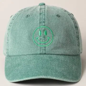 Happy Face Embroidered Cotton Cap Green