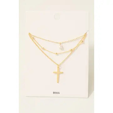 Mixed Layered Chains Cross and Pearl Charm Necklace