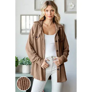 Solid Rib Faux Pocket Button Down Shacket