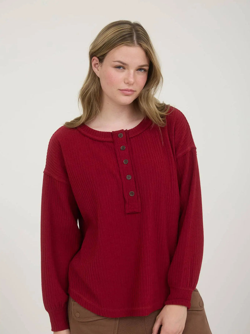 Ribbed Henley Long Sleeve Top
