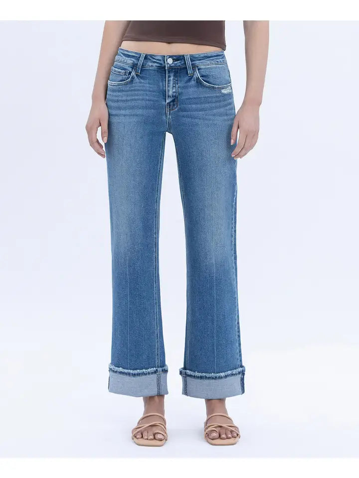 Mid Rise Cuffed Ankle Slim Wide Jeans