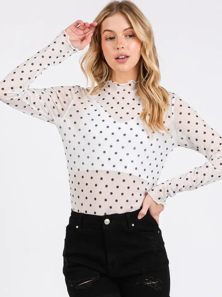 Dot Mesh Long Sleeve Top White