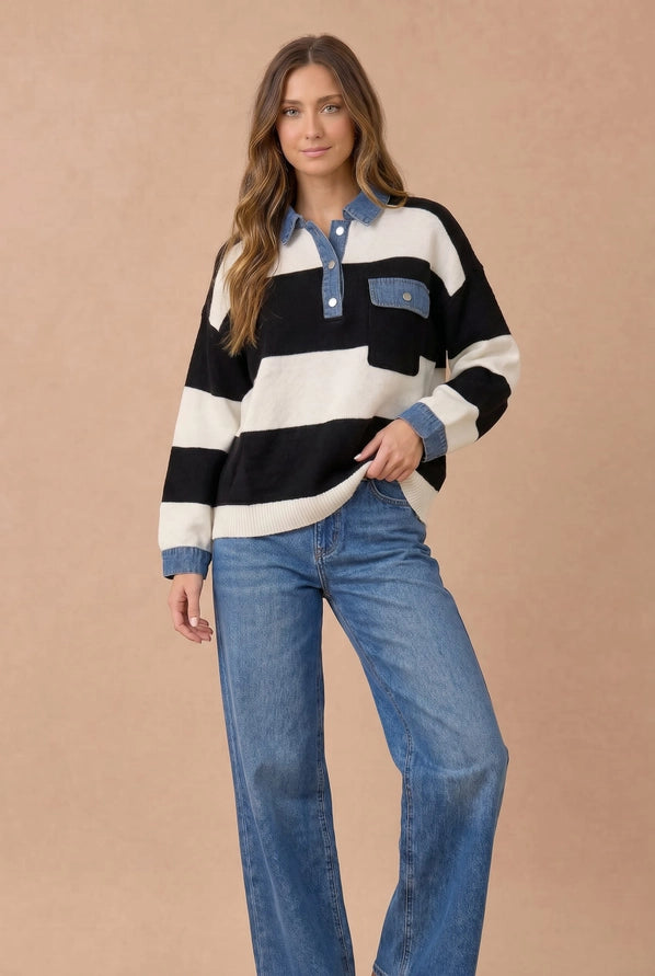 Striped Denim Collar Sweater Top