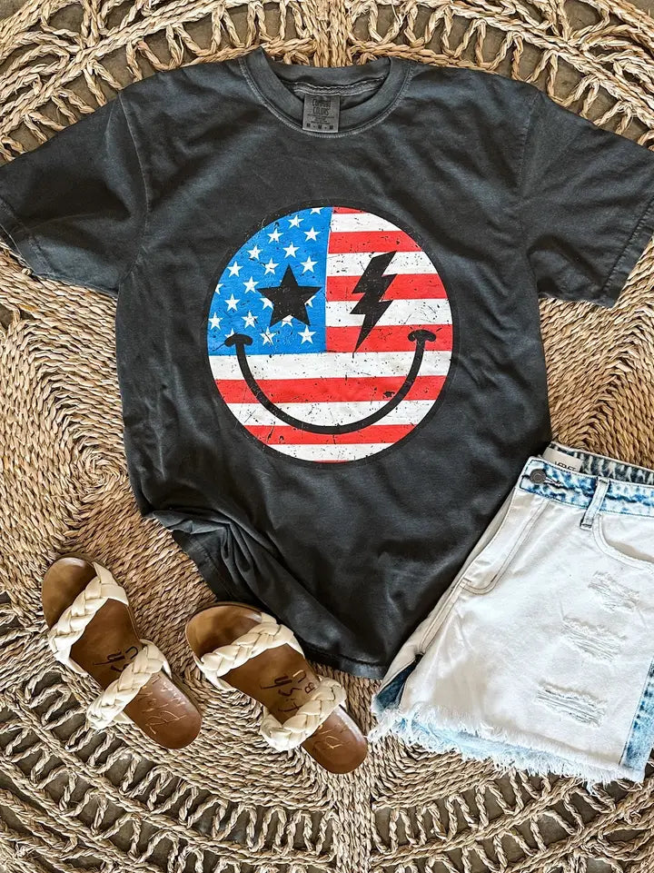 American Flag Happy Face Graphic Tee - Pepper