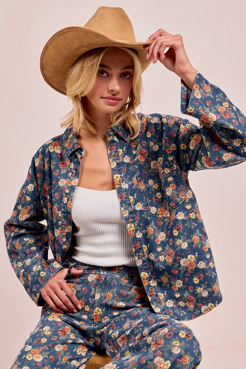 Washed Floral Print Denim Jacket