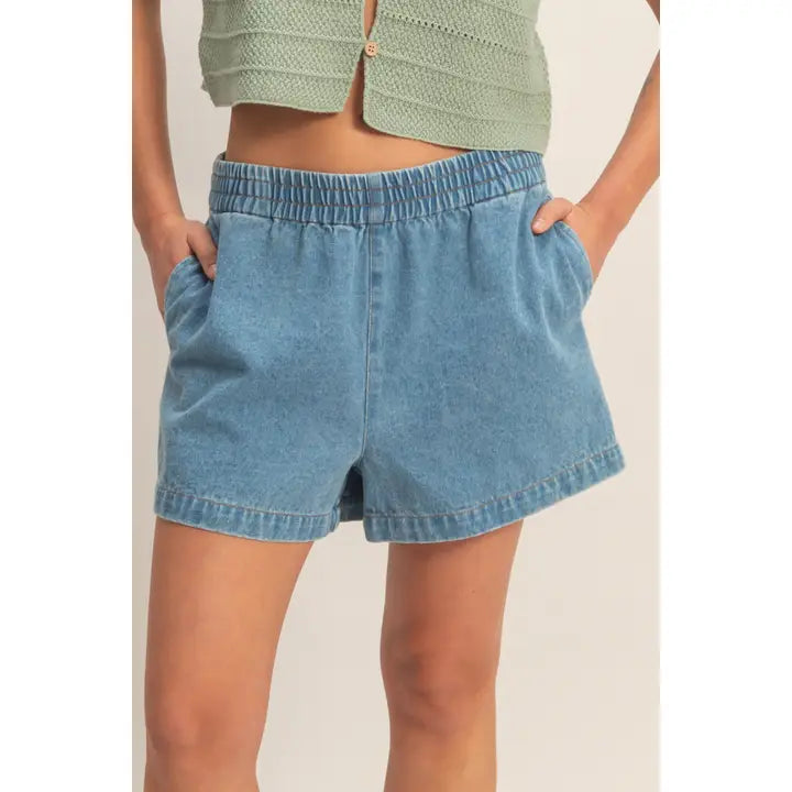 Elastic Waist Mineral Wash Denim Shorts