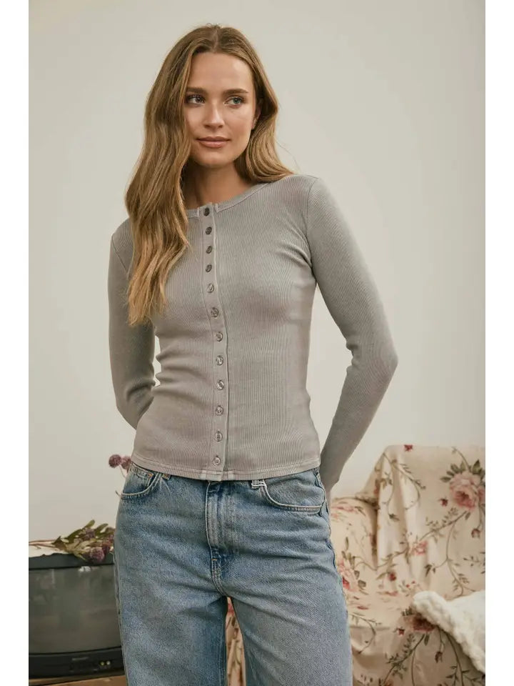 Button Front Long Sleeve Knit Top Grey