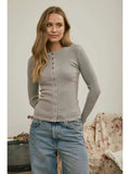 Button Front Long Sleeve Knit Top Grey