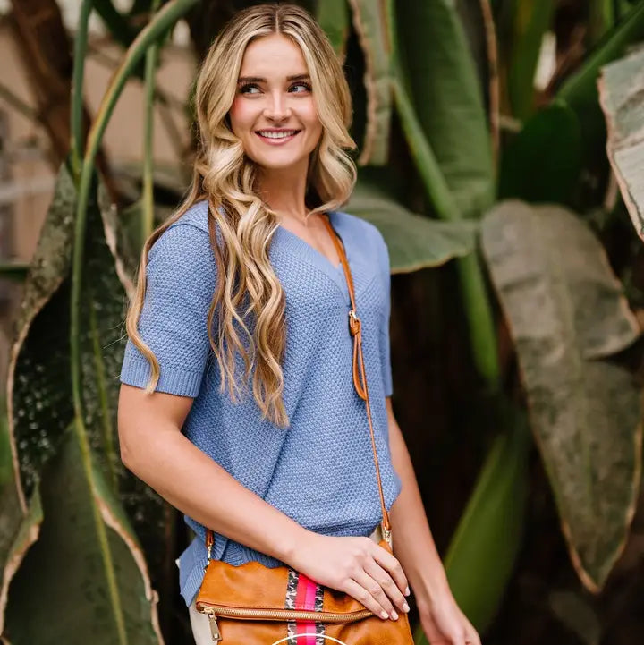 Penelope Foldover Crossbody Clutch - Tan w/ Camo Pink Strip