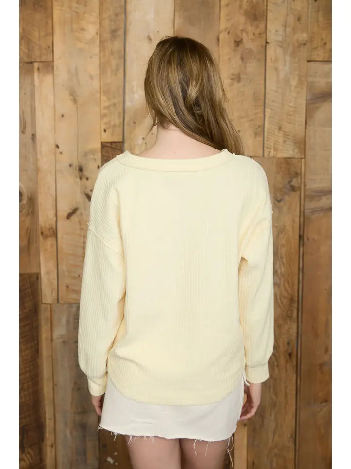 Ribbed Henley Long Sleeve Exposed Seam Knit Top
